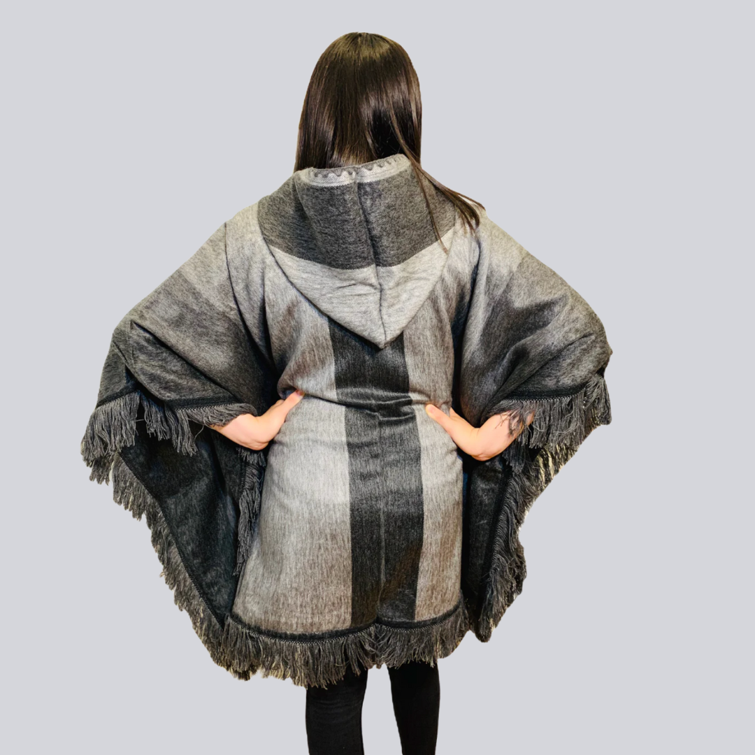 Charcoal Alpaca Poncho With Hood - Warmpaka