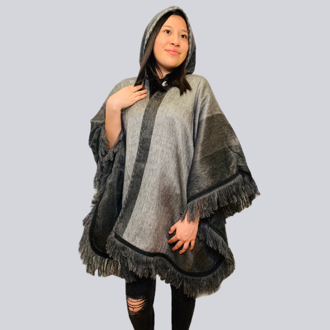 Charcoal Alpaca Poncho With Hood - Warmpaka