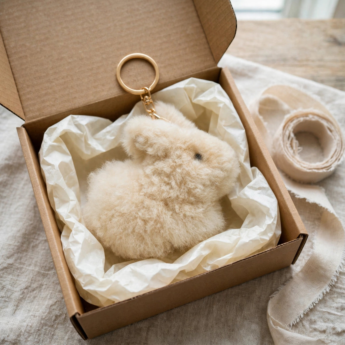 Alpaca fur bunny keychain in a kraft gift box with tissue paper
