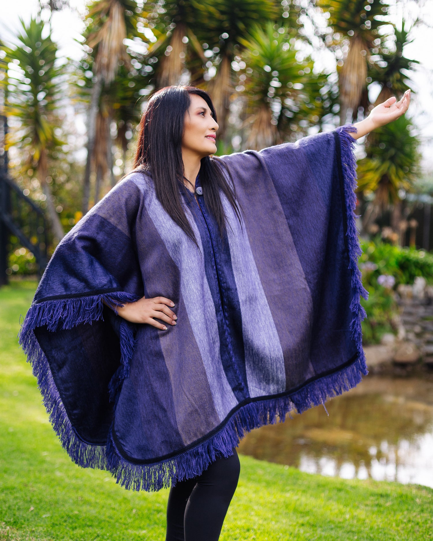 Violet Wave Shade Alpaca Poncho With Hood - Warmpaka