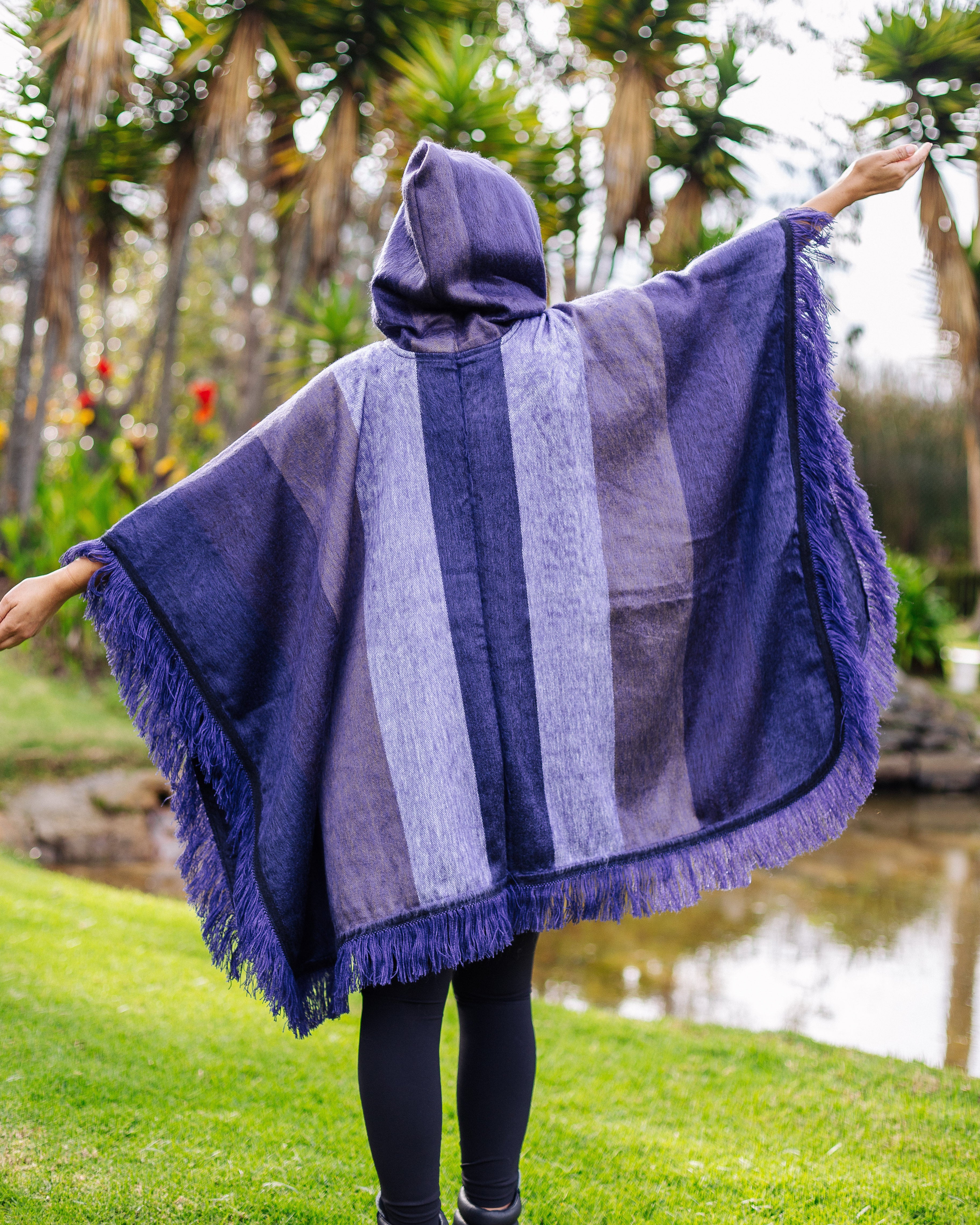 Violet Wave Shade Alpaca Poncho With Hood - Warmpaka