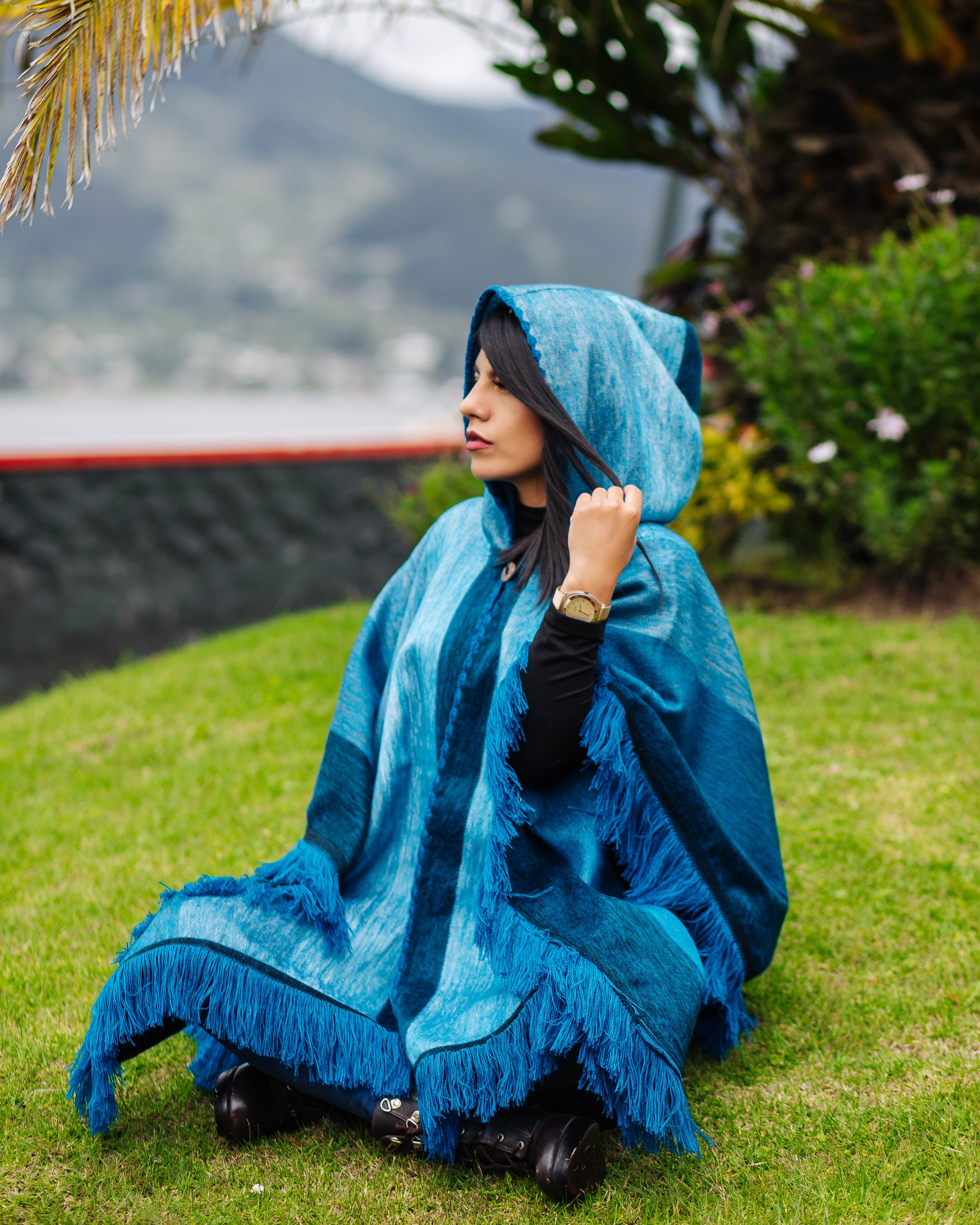 Teal Wave Alpaca Poncho With Hood - Warmpaka