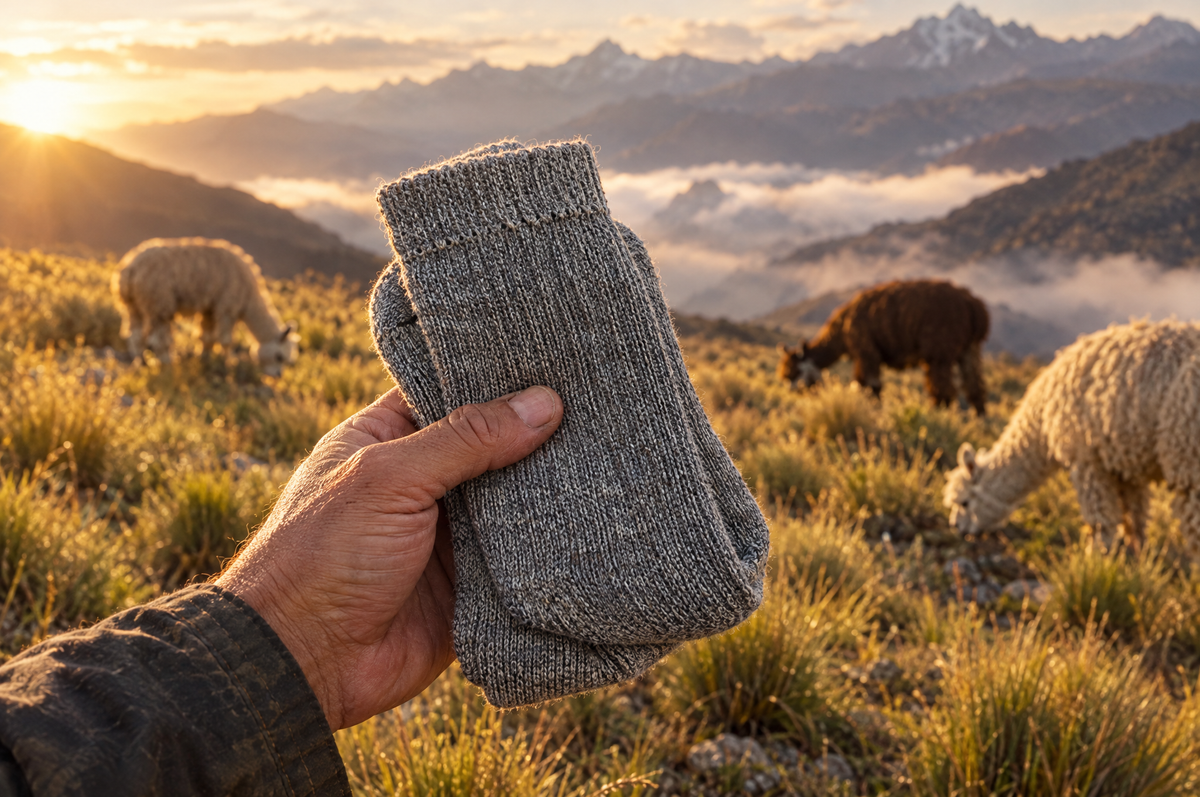 Hand holding grey Peruvian alpaca socks in the Andes with alpacas grazing behind