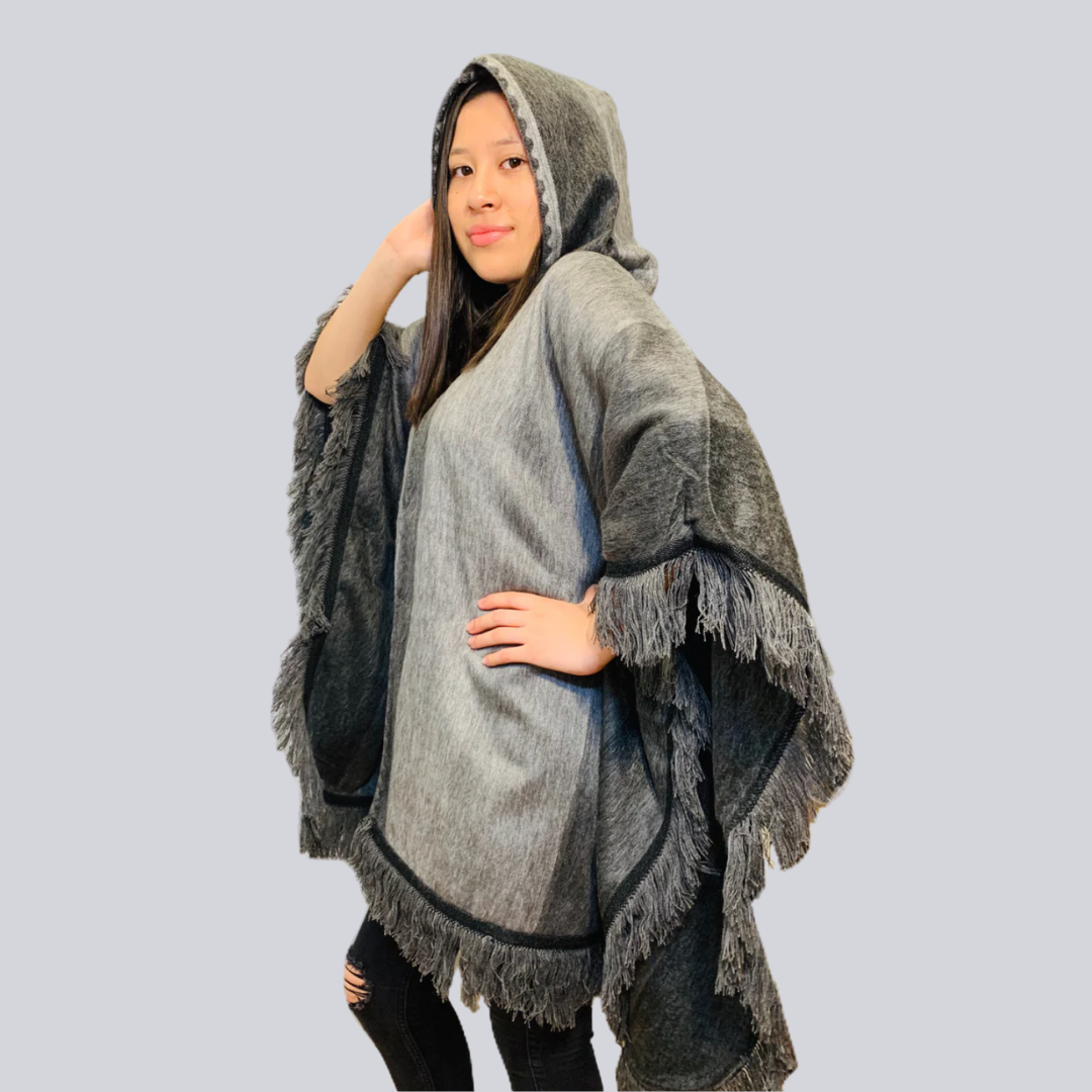 Charcoal Alpaca Poncho With Hood - Warmpaka