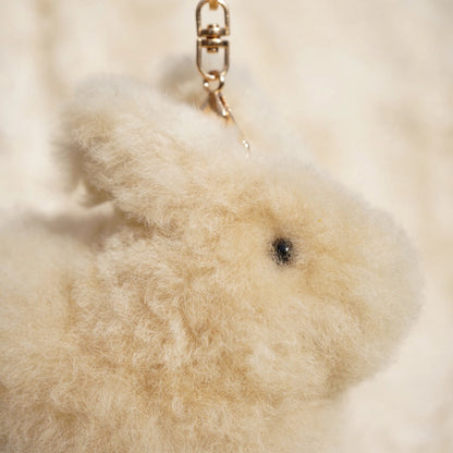 Close-up of soft real alpaca fur on the bunny keychain