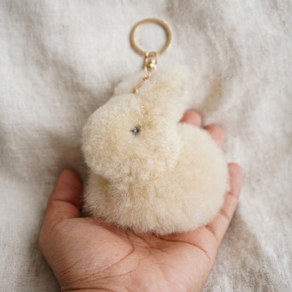 Alpaca fur bunny keychain held in hand to show size, about 6 inches