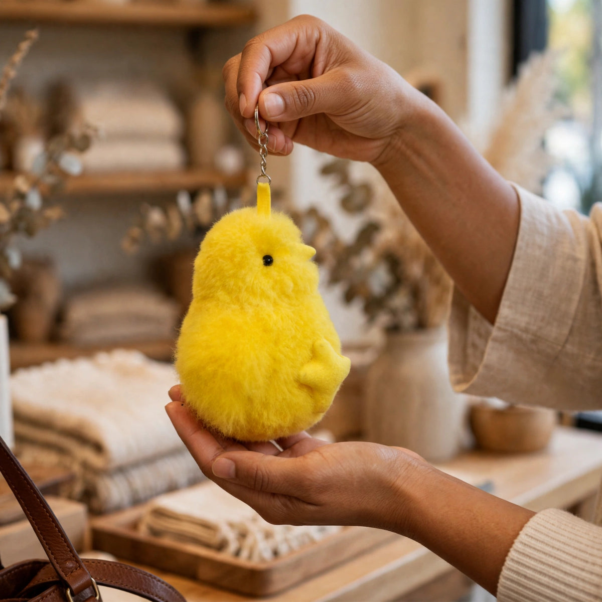 Yellow alpaca fur chick keychain held by its key ring