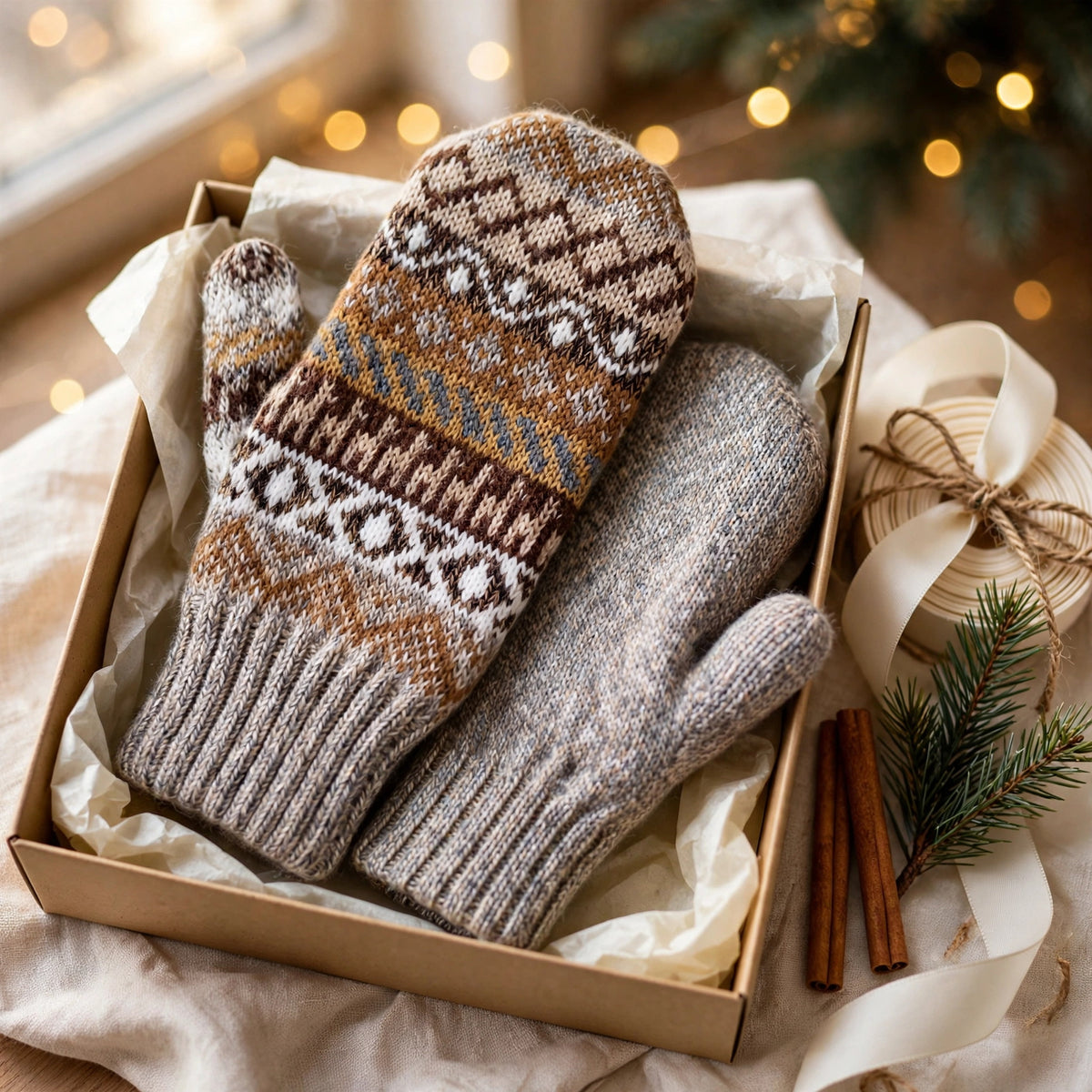 Reversible alpaca mittens in a gift box showing the patterned and solid grey sides