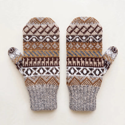 Beige reversible alpaca mittens, Andean pattern side with little alpacas