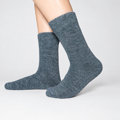 Denim alpaca hiker socks by Warmpaka, side view