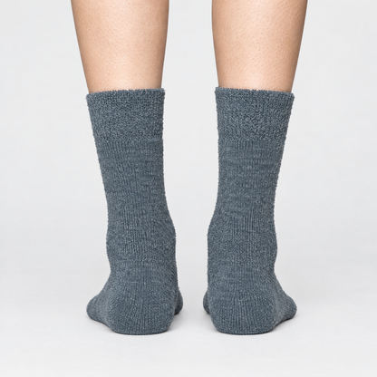 Denim alpaca hiker socks, back view of heels