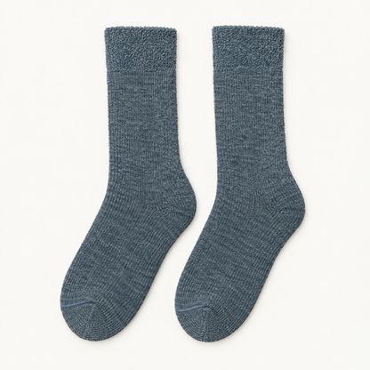 Pair of denim alpaca hiker socks laid flat