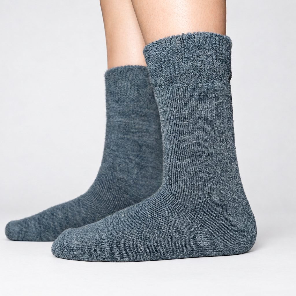 Denim alpaca hiker socks, standing view