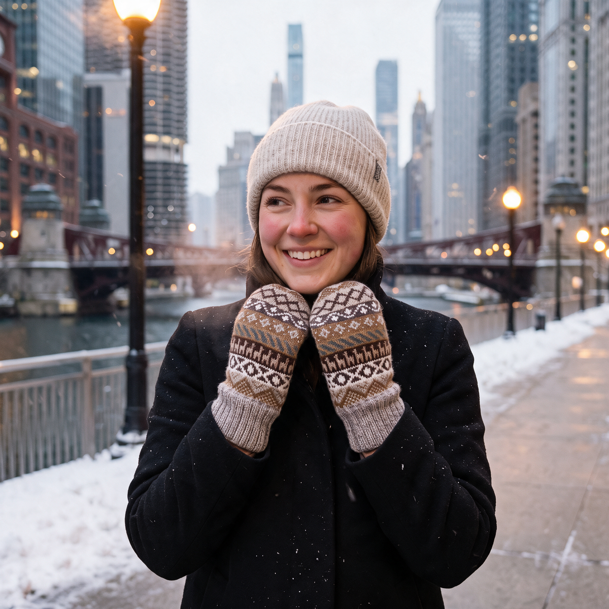 Woman wearing warm alpaca mittens on a snowy winter day in Chicago
