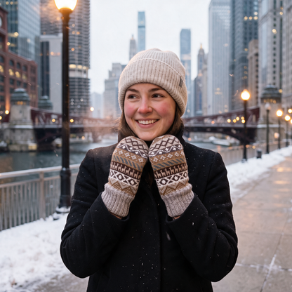 Woman wearing warm alpaca mittens on a snowy winter day in Chicago