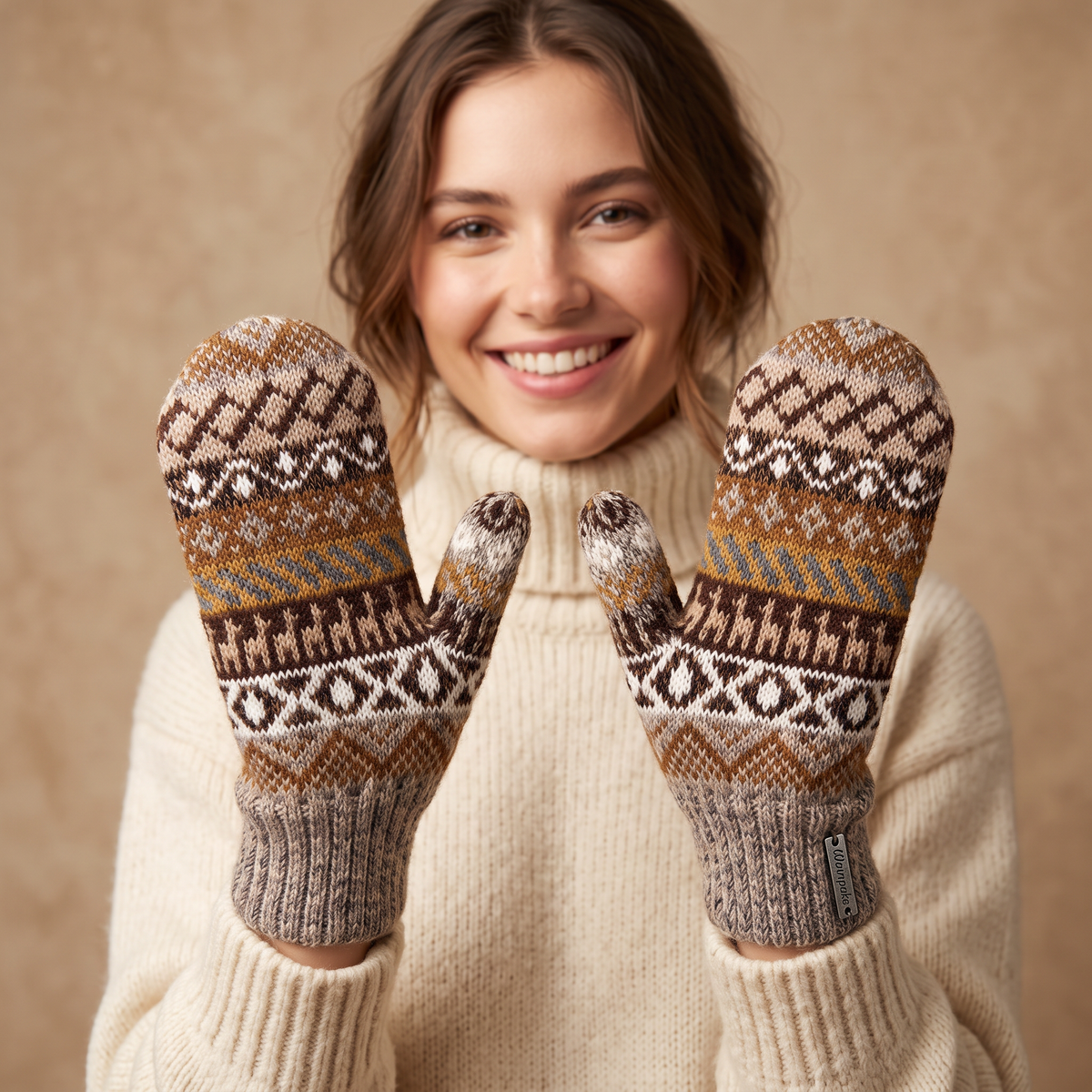 Woman wearing beige double-knit alpaca mittens with Andean pattern
