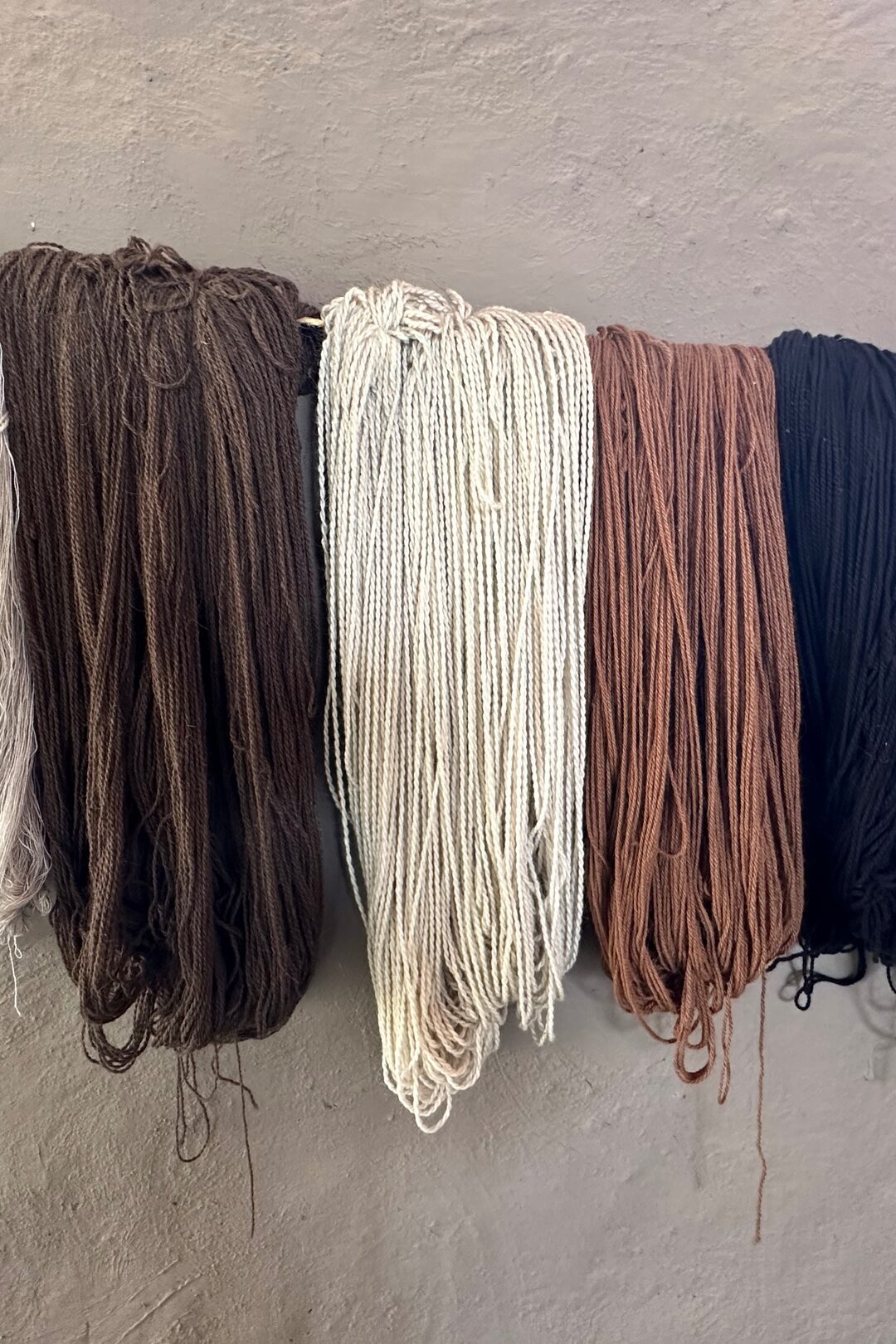 Natural alpaca yarn in cream, brown and black
