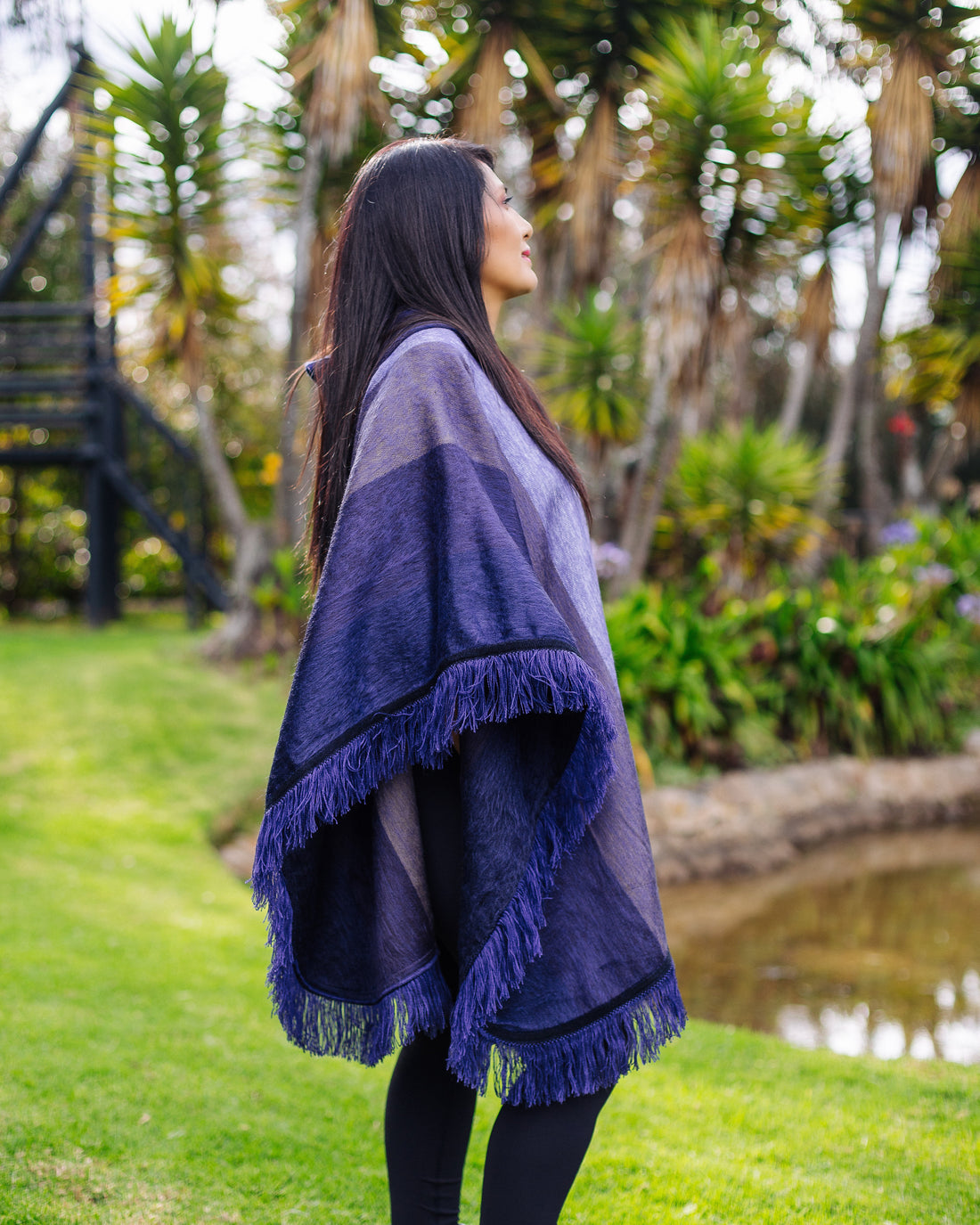 Violet Wave Shade Alpaca Poncho With Hood - Warmpaka